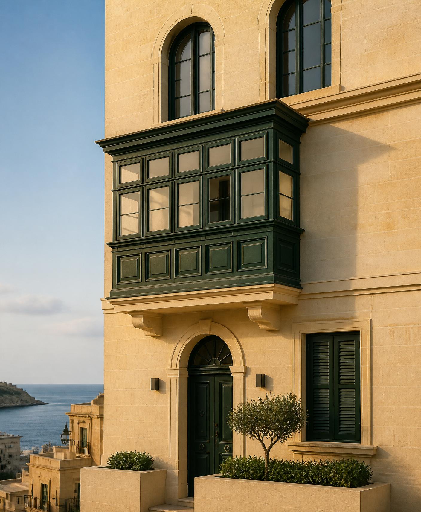 Traditional Maltese limestone facade with a deep-green gallarija balcony overlooking the Mediterranean