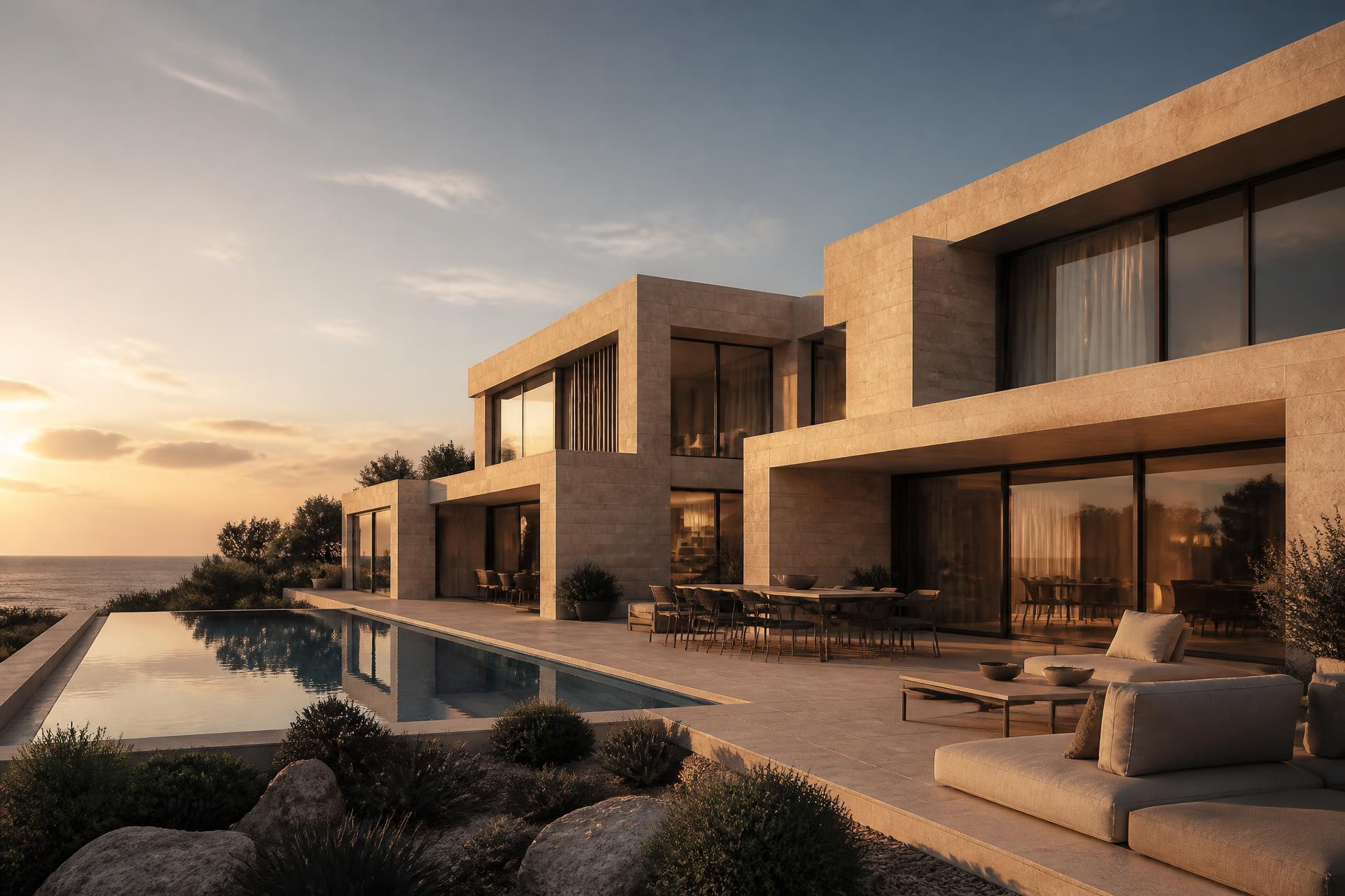 Modern architectural villa in Malta at golden hour